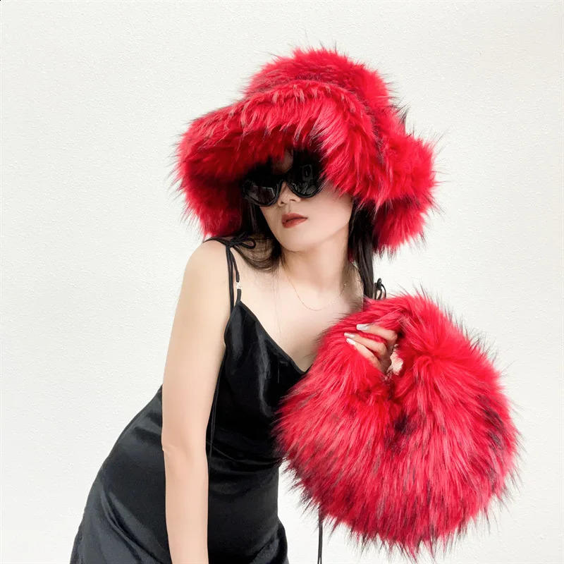 Fluffy oversized Y2K bucket hat large brim hat womens winter wool warm thick raccoon dog hat bucket hat women 240906