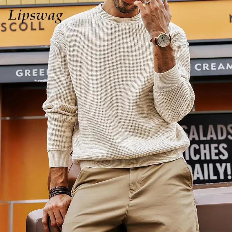 Shi Shang Hua Fu Ge Knitted Sweater Mens Casual Solid Color Long Sleeve Staff Collar Knitted Jumping Top Mens Autumn Fashion Slim Fit Sweater 240905