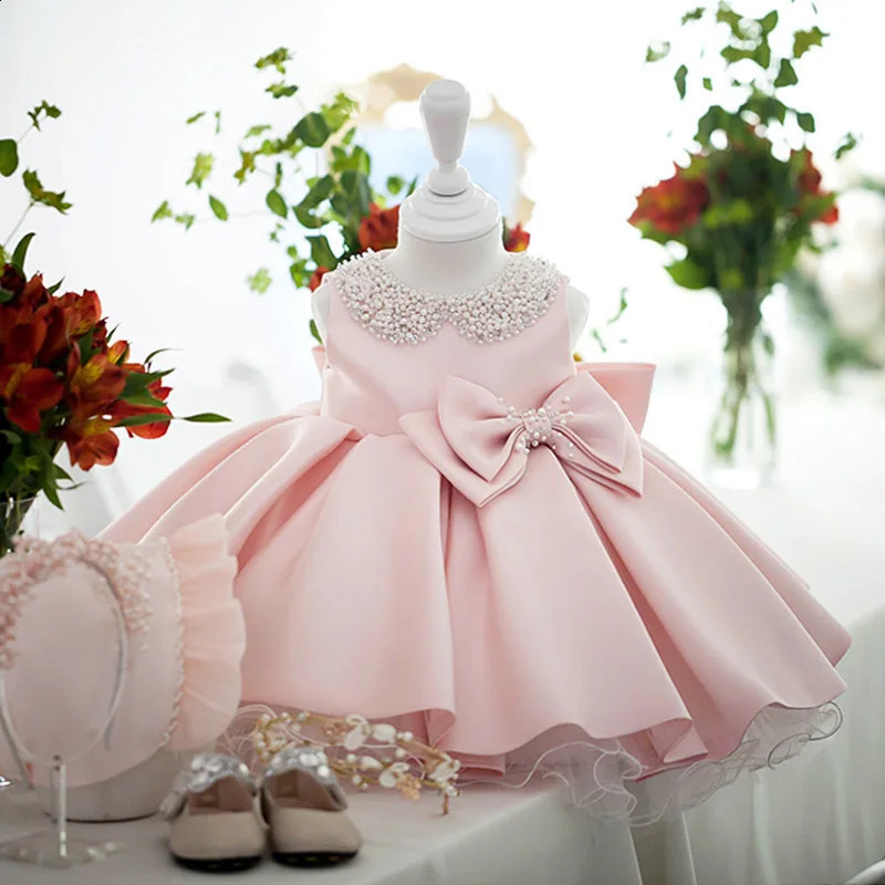Preschool White Wedding Satin Princess Baby Dress Bow 1st Birthday Party born Girl Dress 240902