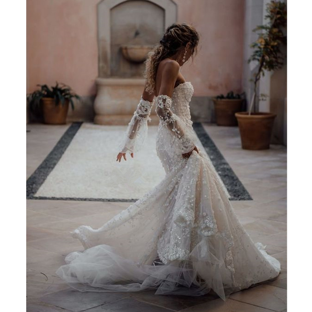 Floral Boho Off The Shoulder Wedding Dress Lace Appliquues Beach Mermaid Bride Gown Backless de Robe