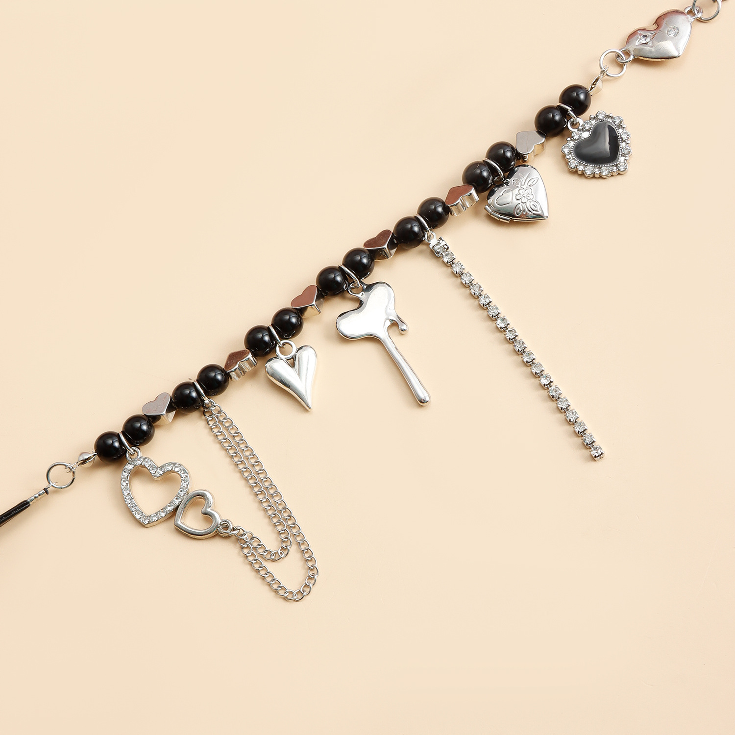 Dark Gothic PU Leather Choker Necklace Beads for Women Hippie Charm Love Tassel Chain Heart Pendant Stainless Steel Silver Color Jewelry Party Birthda