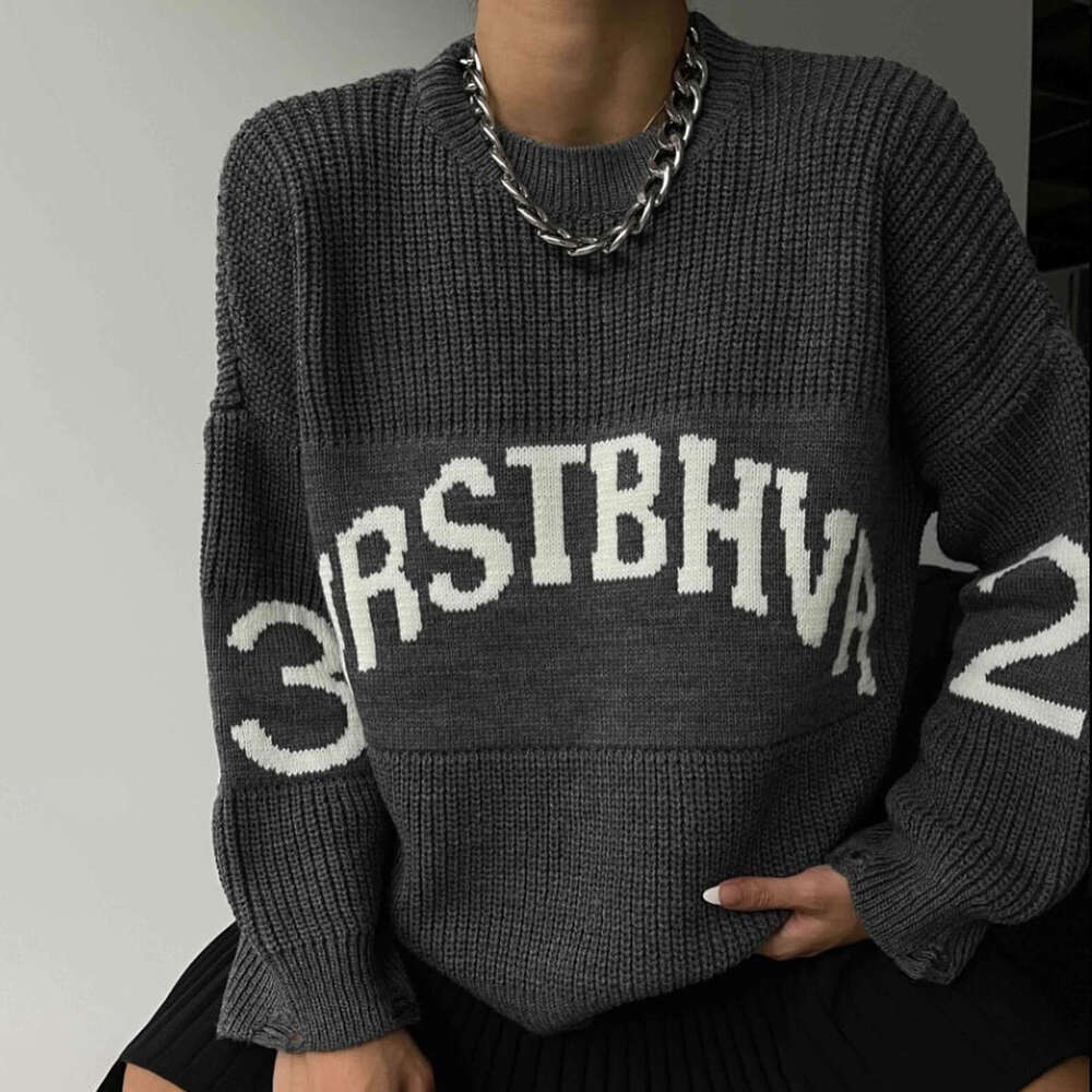 Lazy ribbed round neck loose letter women's autumn and winter new style personalized high-end pullover sweater