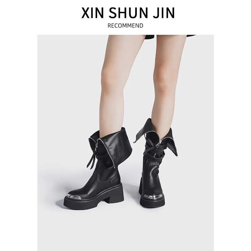 2024 Two Wear Pointed Metal Head High Tube Fashion Long Women's Spring New Front Zipper Thick Sole Heightening Knight Boots