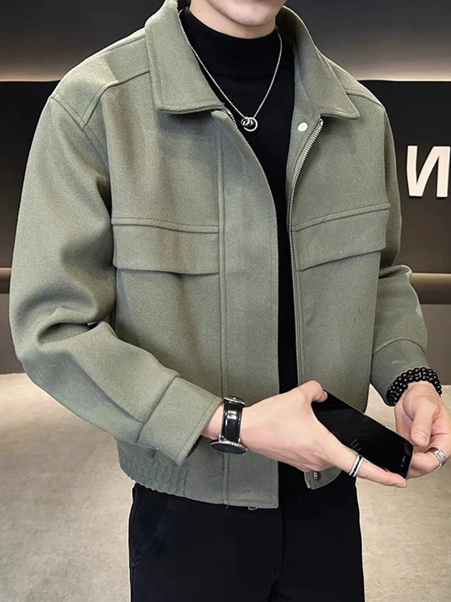 mens wool coat Korean short spring autumn solid color pattern tight zipper dress clothing E09 240904
