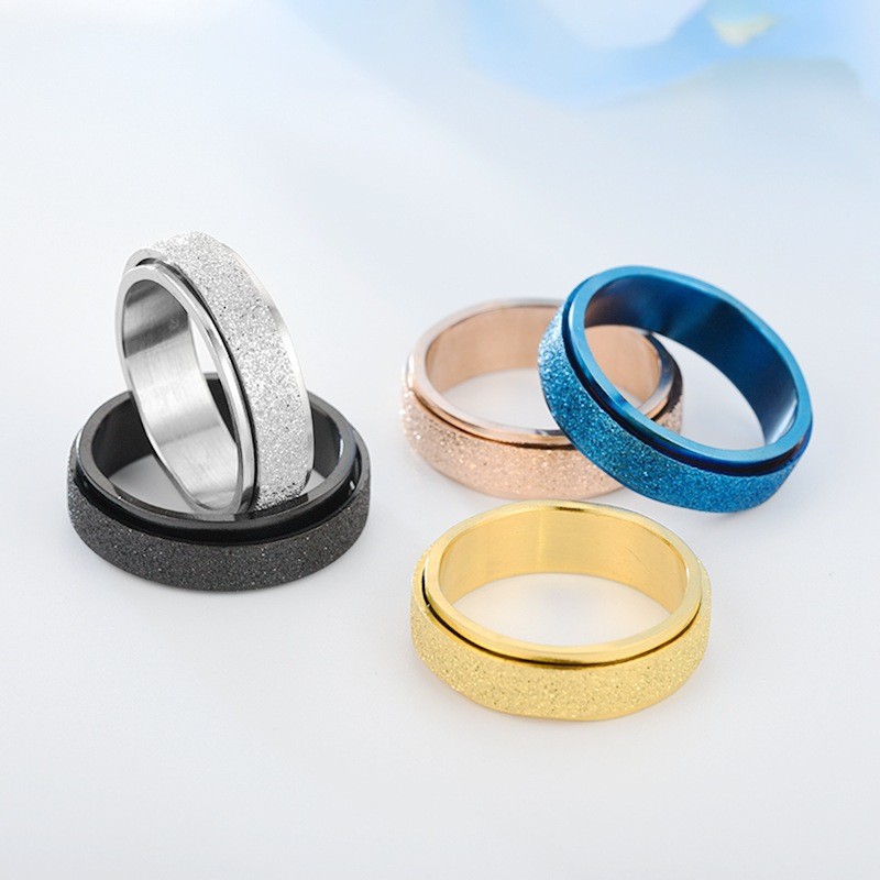 Titanium Steel Matte Rotating Engagement Ring - Stainless Steel With Multi-Coloured Pearl Sand for Couple's Accessory