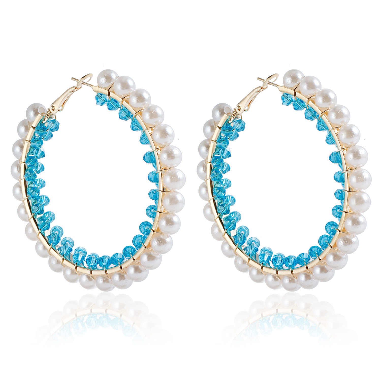 Exaggerated Pearl Blue Crystal Hoop Earrings For Women Gold Plated Zinc Alloy Luxury Big Circle Vintage Fashion Jewelry Party Birthday Gifts