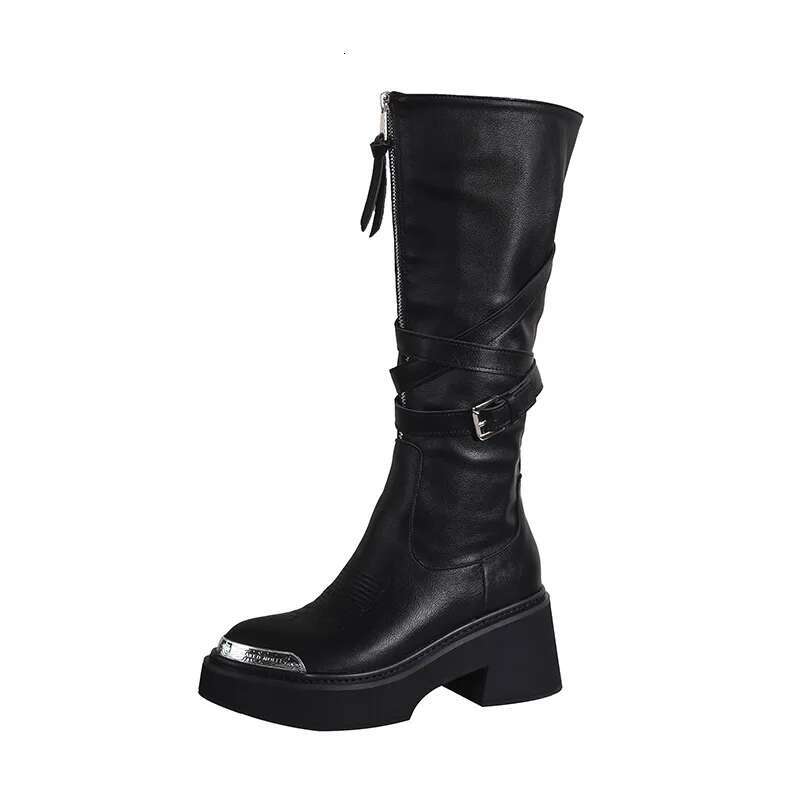 2024 Two Wear Pointed Metal Head High Tube Fashion Long Women's Spring New Front Zipper Thick Sole Heightening Knight Boots