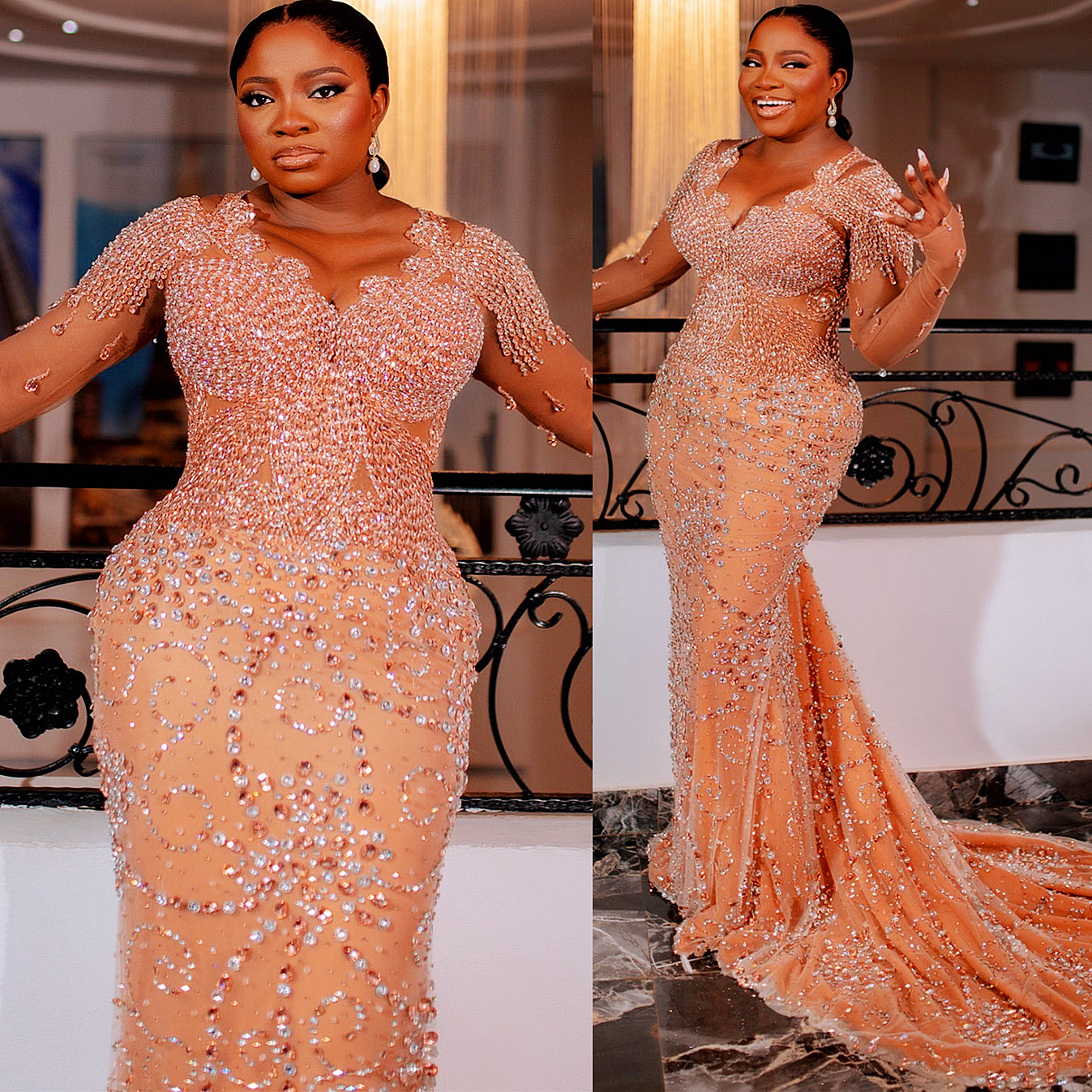 2024 Champagne Illusion Mermaid Prom Dresses For Special Occasions Rhinestones Luxurious Evening Formal Party Second Reception Birthday Engagement Gow
