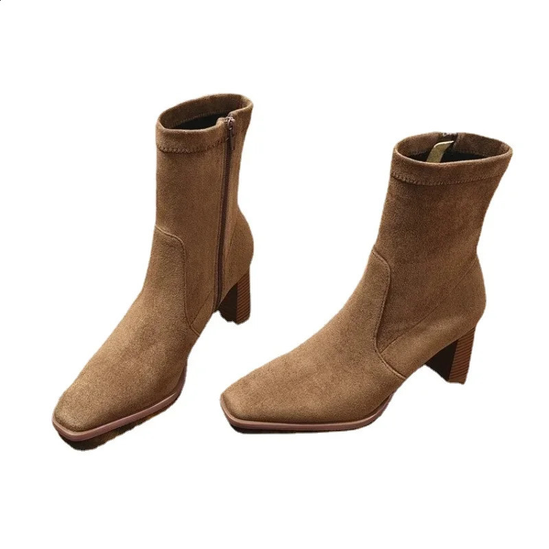 Autumn and Winter Leather Suede Mid-calf High Heel Zipper Versatile Khaki Elegant Womens Short Boots 240906 b0d6