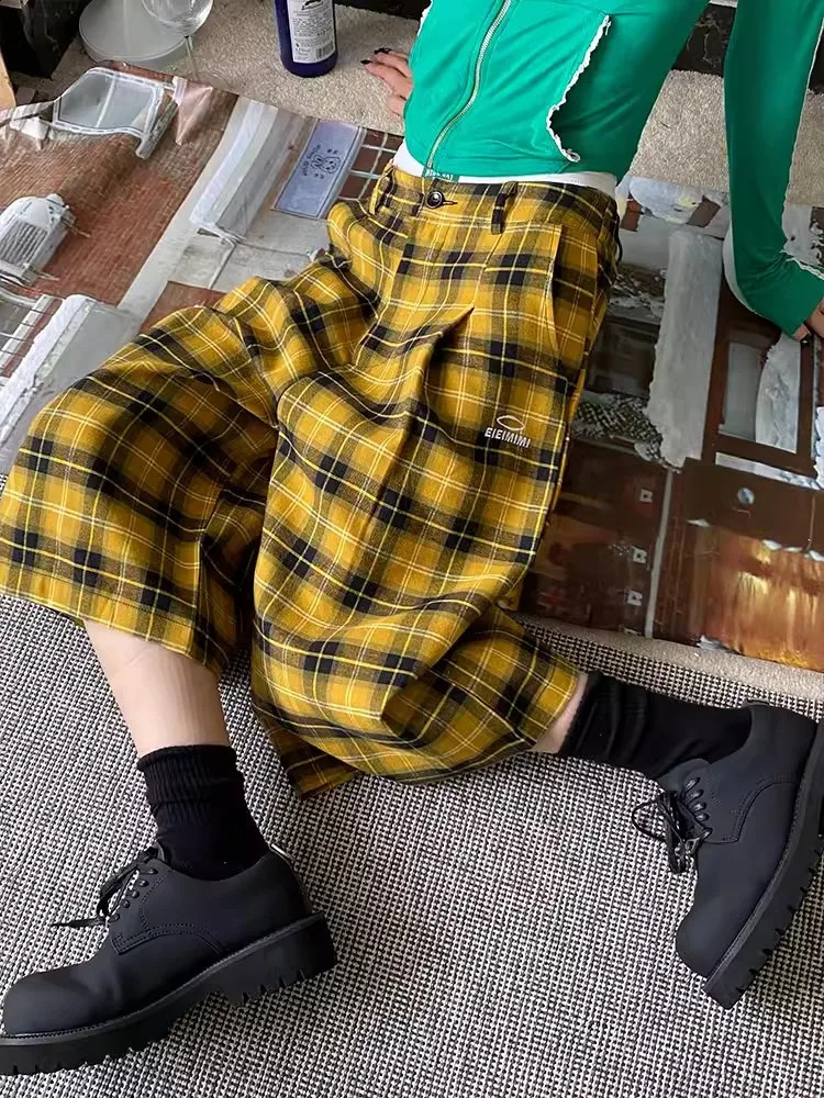 REDDACHiC 90s Skater Low Rise Plaid Shorts Women Embroidery Loose Sweatpants Oversize Pintuck Cotton Baggy Jorts Hiphop Clothes 240906