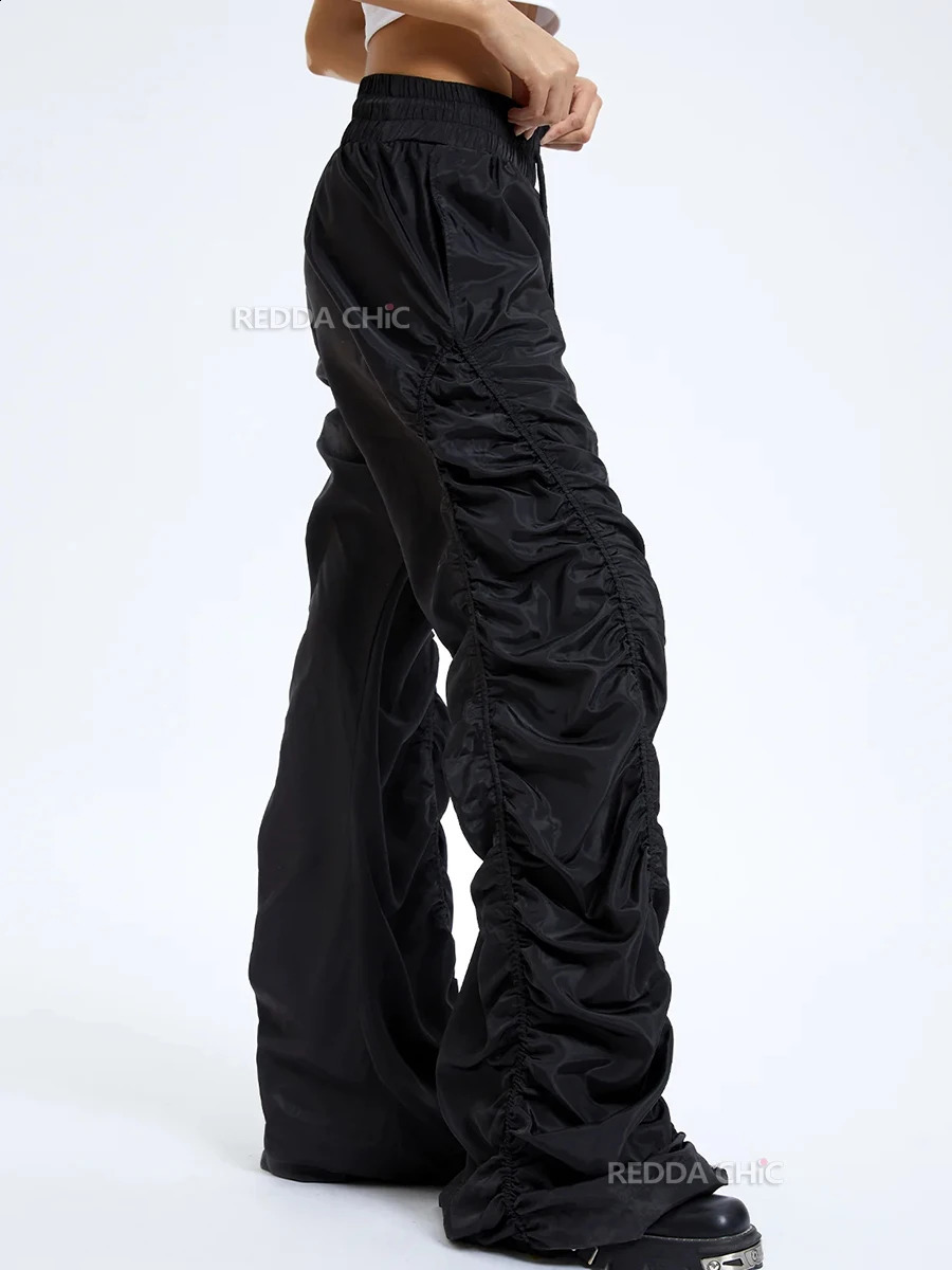 REDDACHiC Solid Black Drawstring Waist Ruched Pants Women Loose Casual Slacks Wide Leg Stacked Sweatpants Acubi Fashion Clothes 240906