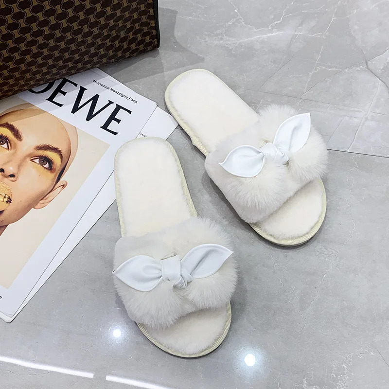 Women House Faux Fur Fashion Warm Shoes Woman Slip on Flats Female Slides Black Pink Cozy Home Furry Slippers 240828