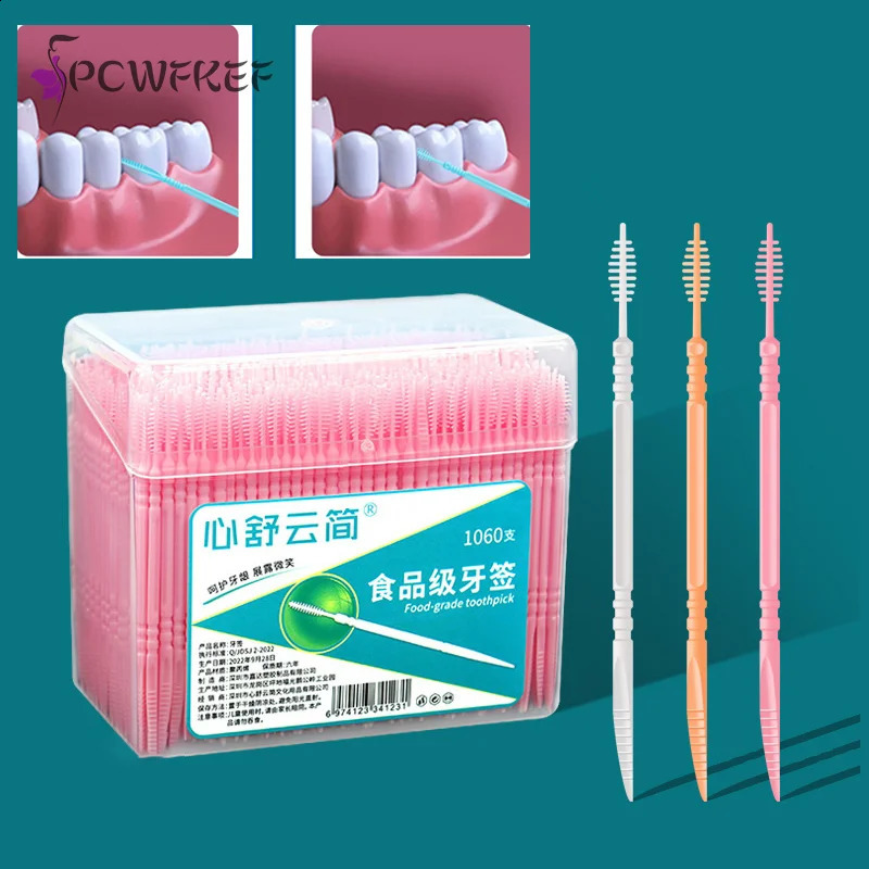 1060pcs/Bag Double-Ended Fish Bone Shaped Disposable Plastic Toothpick Dental Floss Interdental Brush Oral Cleaning Caring Tools 240905