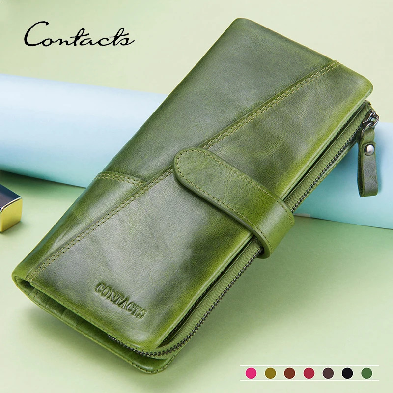 CONTACTS Genuine Leather Women Wallet Long Fashion Card Holders Female Bag Zip Coin Purses Womens Wallets 240904
