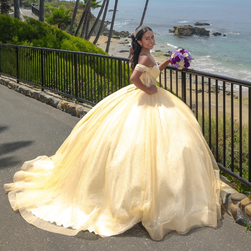 Yellow Princess Ball Quinceanera Dresses 2024 Off Shoulder Beaded Crystals Tull Sweet 16 Birthday Party Gown Lace-Up Vestidos De 15 Anos