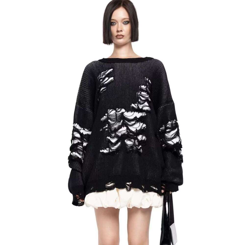 Wasteland casual loose worn-out sweater for women's tricolor pullover long sleeved ins style spicy girl top