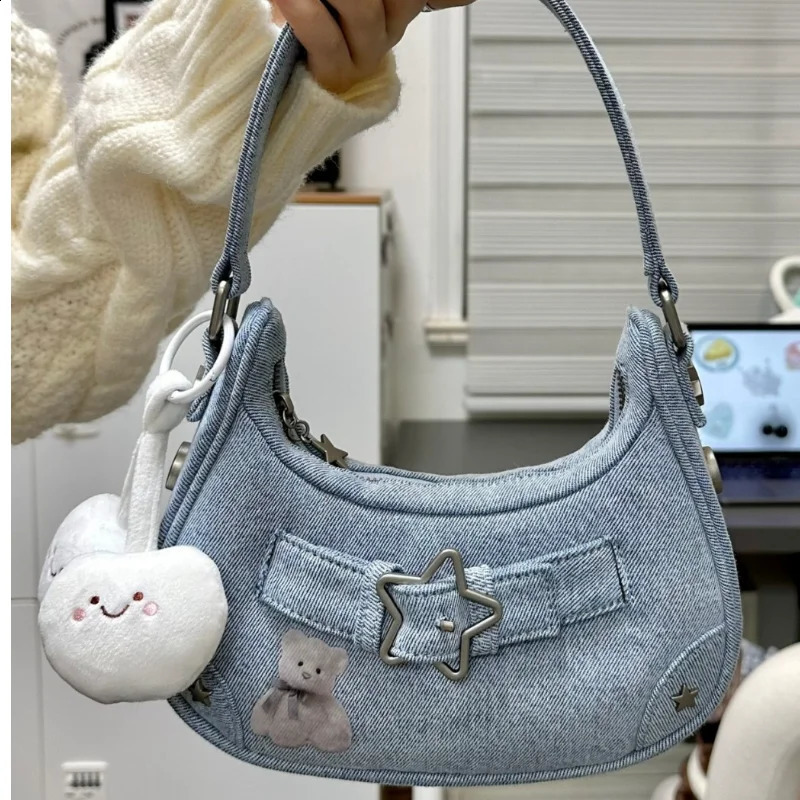 Fashion Womens Handbags Canvas Shoulder Bags Ladies Y2K Star Decor Underarm Bag Vintage Clutch Purses Casual Women Hobo 240907