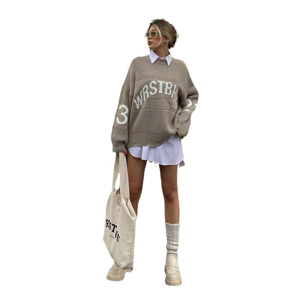 Lazy ribbed round neck loose letter women's autumn and winter new style personalized high-end pullover sweater