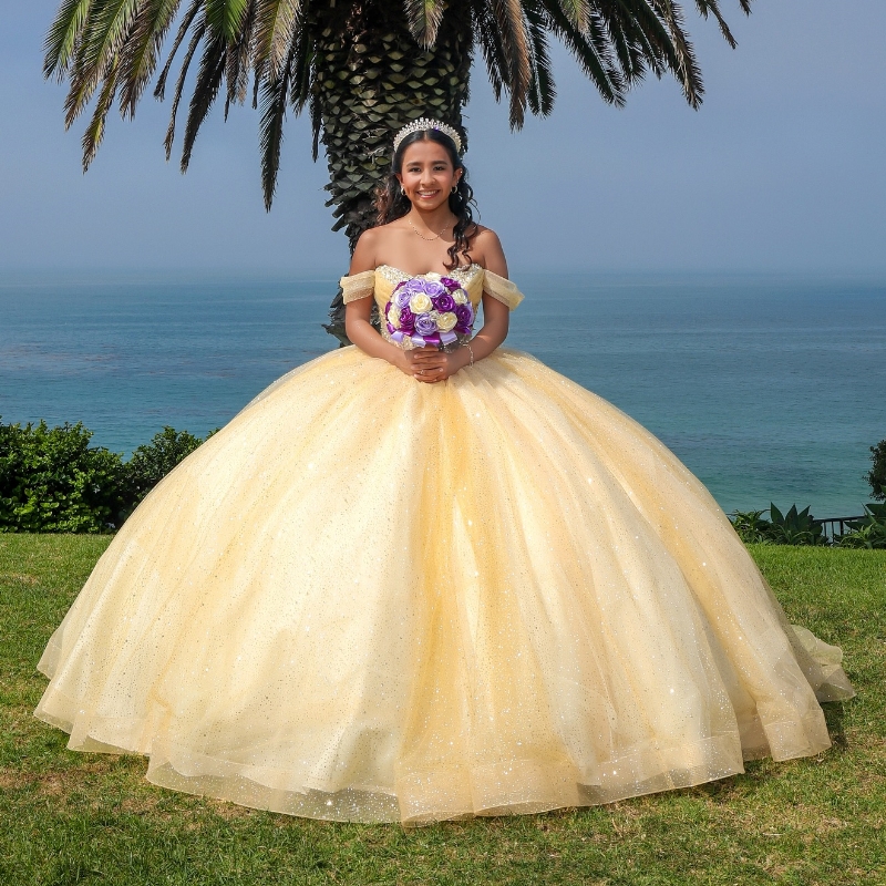 Yellow Princess Ball Quinceanera Dresses 2024 Off Shoulder Beaded Crystals Tull Sweet 16 Birthday Party Gown Lace-Up Vestidos De 15 Anos