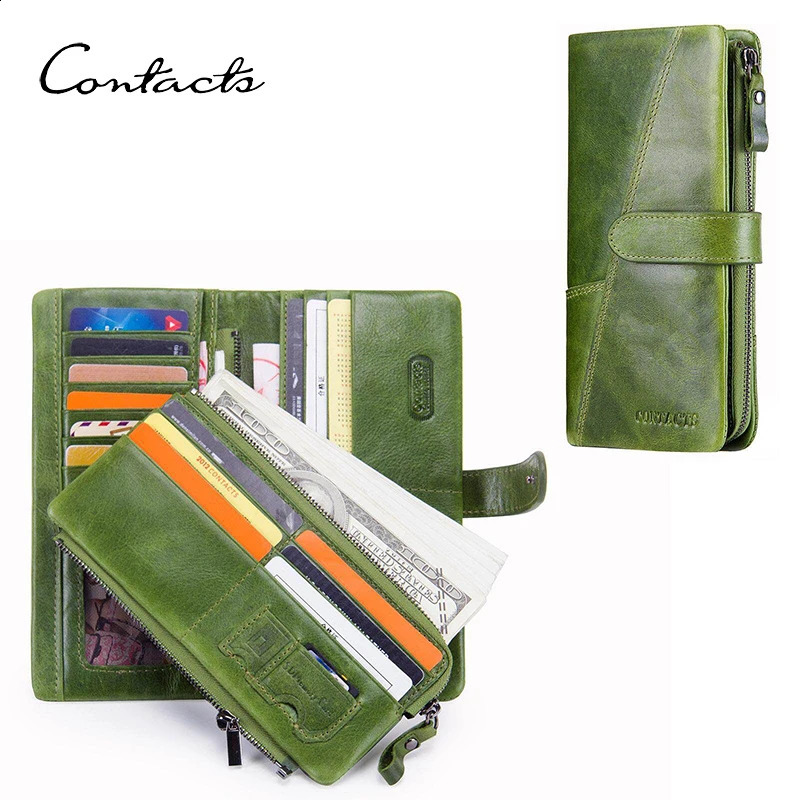 CONTACTS Genuine Leather Women Wallet Long Fashion Card Holders Female Bag Zip Coin Purses Womens Wallets 240904