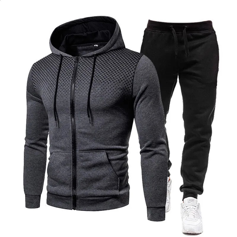Autumn/Winter Zipper Hoodie Pants Set for Mens Fashion Warmth Leisure Running Fitness and Sports Two piece Set 240905
