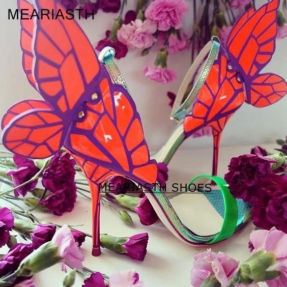 Butterfly Wing Women High Heel Woman Shoes Stiletto Pink Fur Decor Sandals Colorful Thin Heels Wedding Bride Shoe