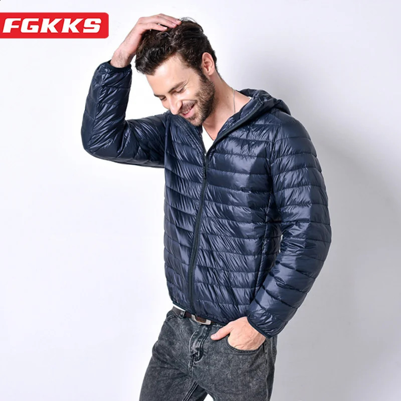 FGKKS mens casual down jacket made of pure cotton warm pure color hooded jacket high-quality mens down jacket 240930