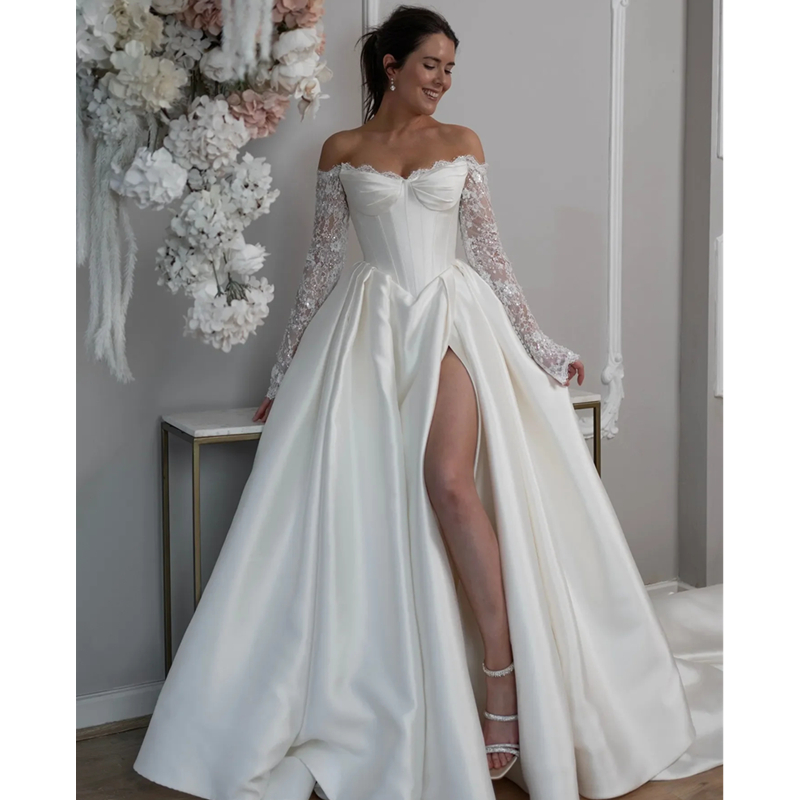 Off Shoulder Satin A Line Wedding Dresses Side Slit Corset White Bridal Gowns Lace Appliques Beaded Long Sleeves Modern Robe De Mariee