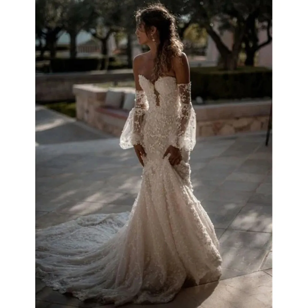 Floral Boho Off The Shoulder Wedding Dress Lace Appliquues Beach Mermaid Bride Gown Backless de Robe
