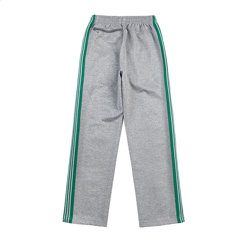 Trend Green Stripe Webbing Vintage Nee dles Grey Sweatpants Mens Womens Jogging Casual Drawstring Trousers 240904
