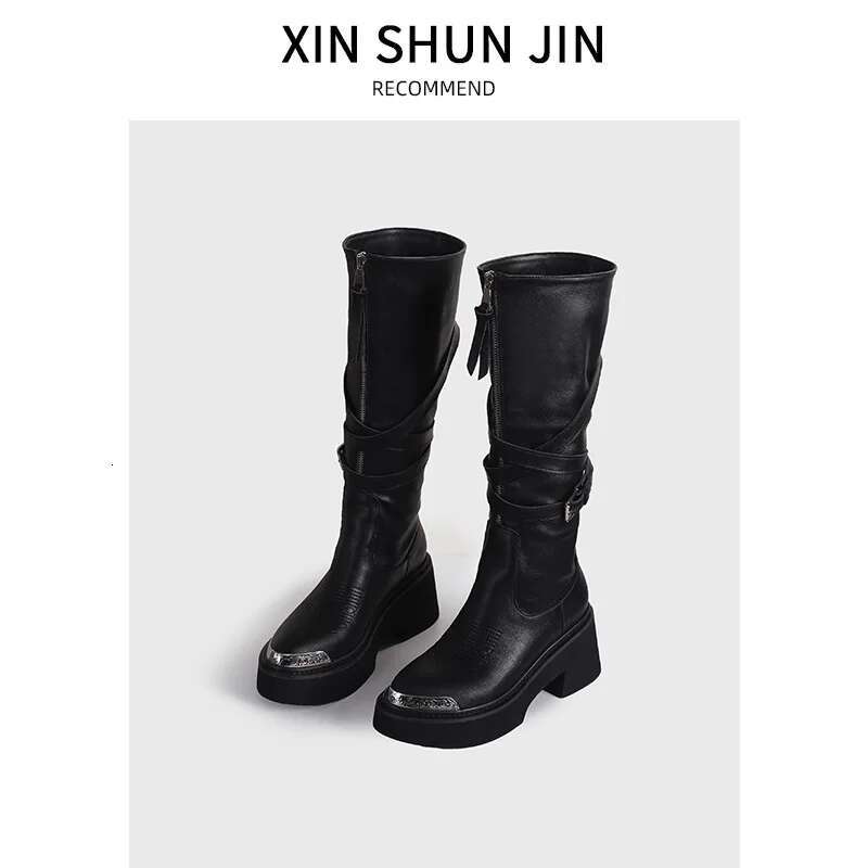 2024 Two Wear Pointed Metal Head High Tube Fashion Long Women's Spring New Front Zipper Thick Sole Heightening Knight Boots
