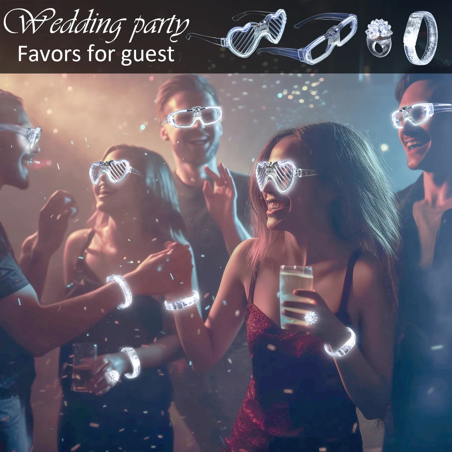 White Wedding Mix Sets LED Light Up Glasses Glow Bracelets and Flashing Bumpy Rings Wedding Party Favors Supplies 240906