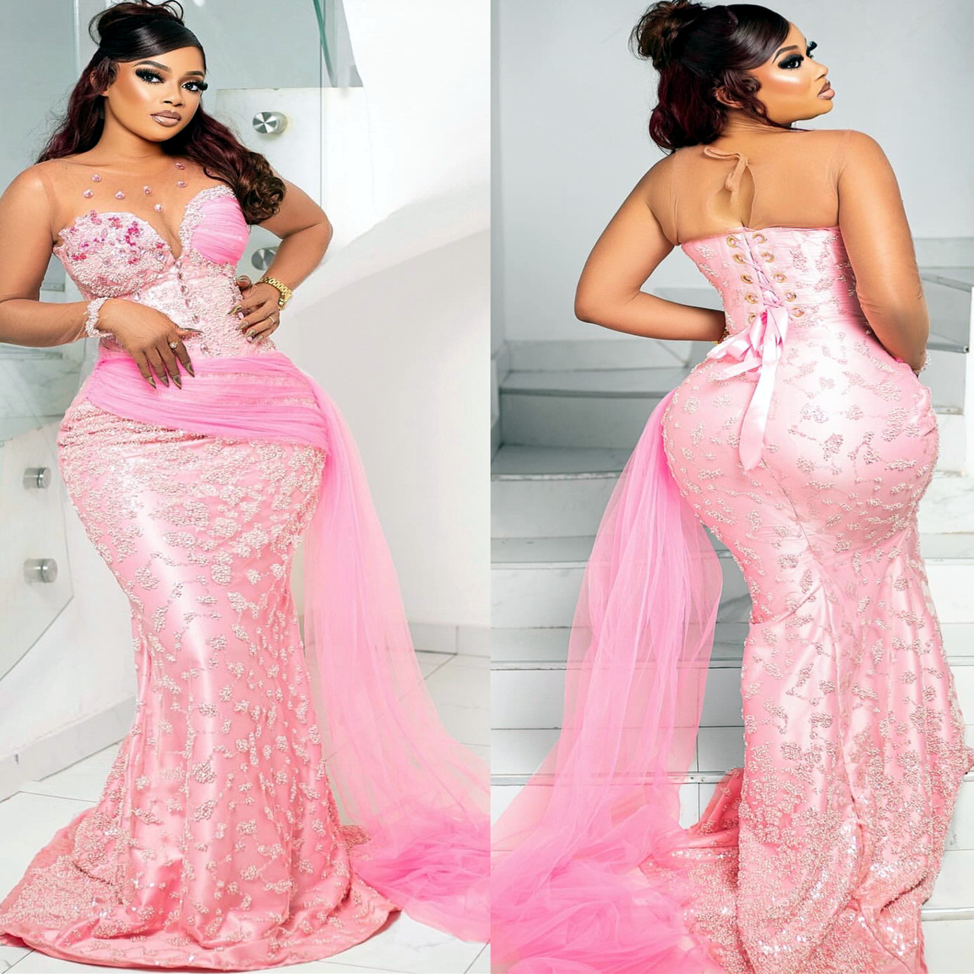 2024 Pink Mermaid Prom Dresses For Special Occasions Sequined Lace Beaded Rhinestones Evening Formal Party Second Reception Birthday Engagement Gowns 