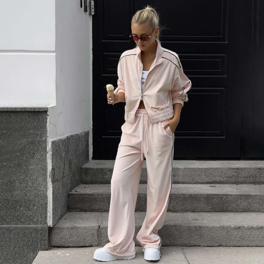 Half high neck double zipper sweatshirt sports suit fashionable street side striped contrasting two-piece set