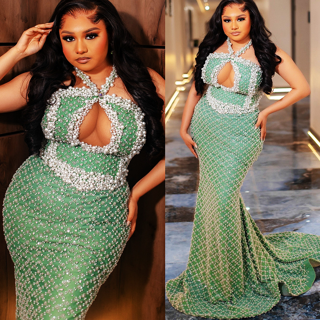 2024 Sage Mermaid Prom Dresses For Special Occasions Pearls Sequined Lace Halter Evening Formal Party Second Reception Birthday Engagement Gowns Dress