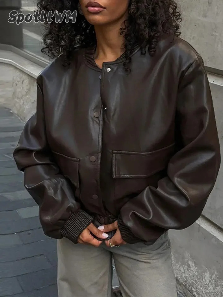 Fashion round neck Pu leather jacket for women retro long sleeved boyfriend autumn and winter womens high street 240906