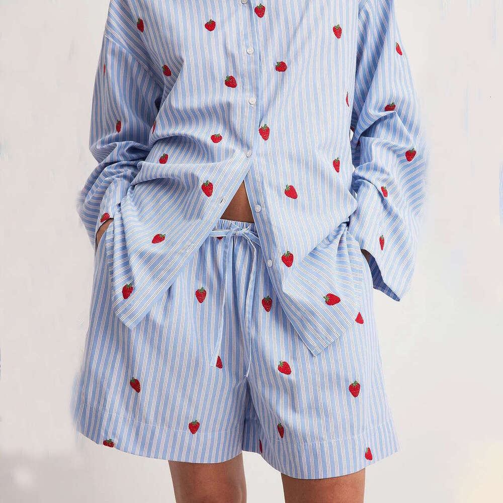Collar blue and white striped contrasting shirt set for women with a high-end feel, strawberry embroidery loose casual suit