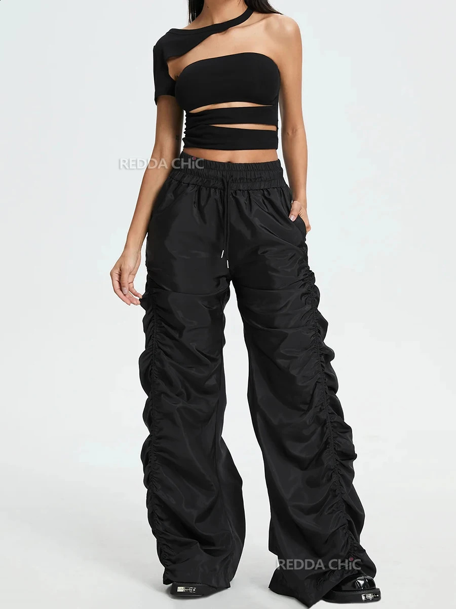 REDDACHiC Solid Black Drawstring Waist Ruched Pants Women Loose Casual Slacks Wide Leg Stacked Sweatpants Acubi Fashion Clothes 240906