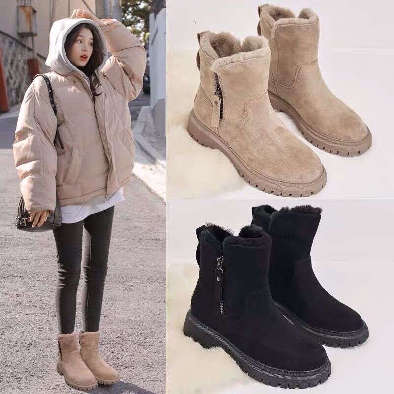 New Snow Trendy Mid Top Plush Thickened Warm Cotton Shoes Leather and Wool Integrated Winter Women's Boots