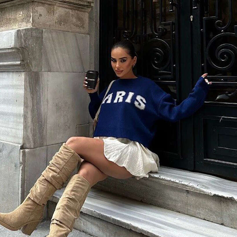 Round neck letter loose short pullover sweater versatile autumn and winter, street wide ribbed knit top with lazy style for women