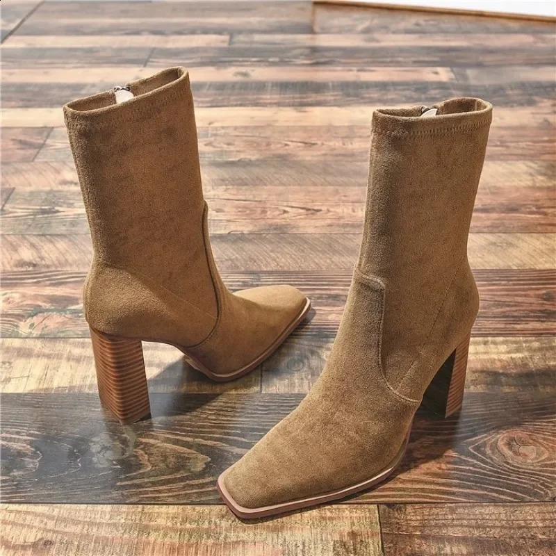 Autumn and Winter Leather Suede Mid-calf High Heel Zipper Versatile Khaki Elegant Womens Short Boots 240906 b0d6