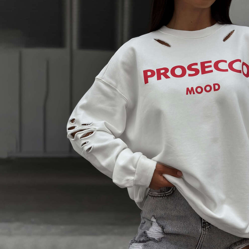 Round neck letter hole sweatshirt fashionable ins style mid length loose print pullover top niche