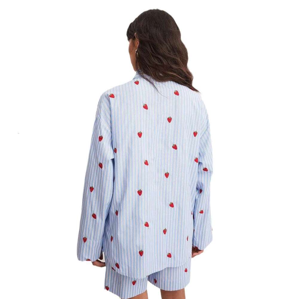 Collar blue and white striped contrasting shirt set for women with a high-end feel, strawberry embroidery loose casual suit