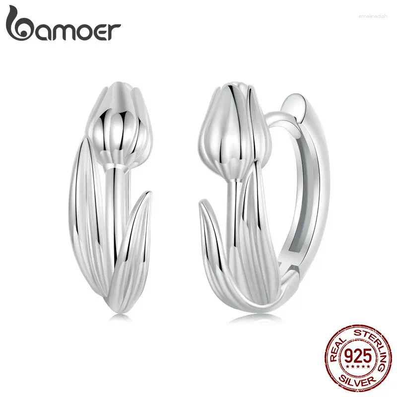 Hoop Earrings BAMOER Solid 925 Sterling Silver Tulip Flower For Women Cluster BSE1085