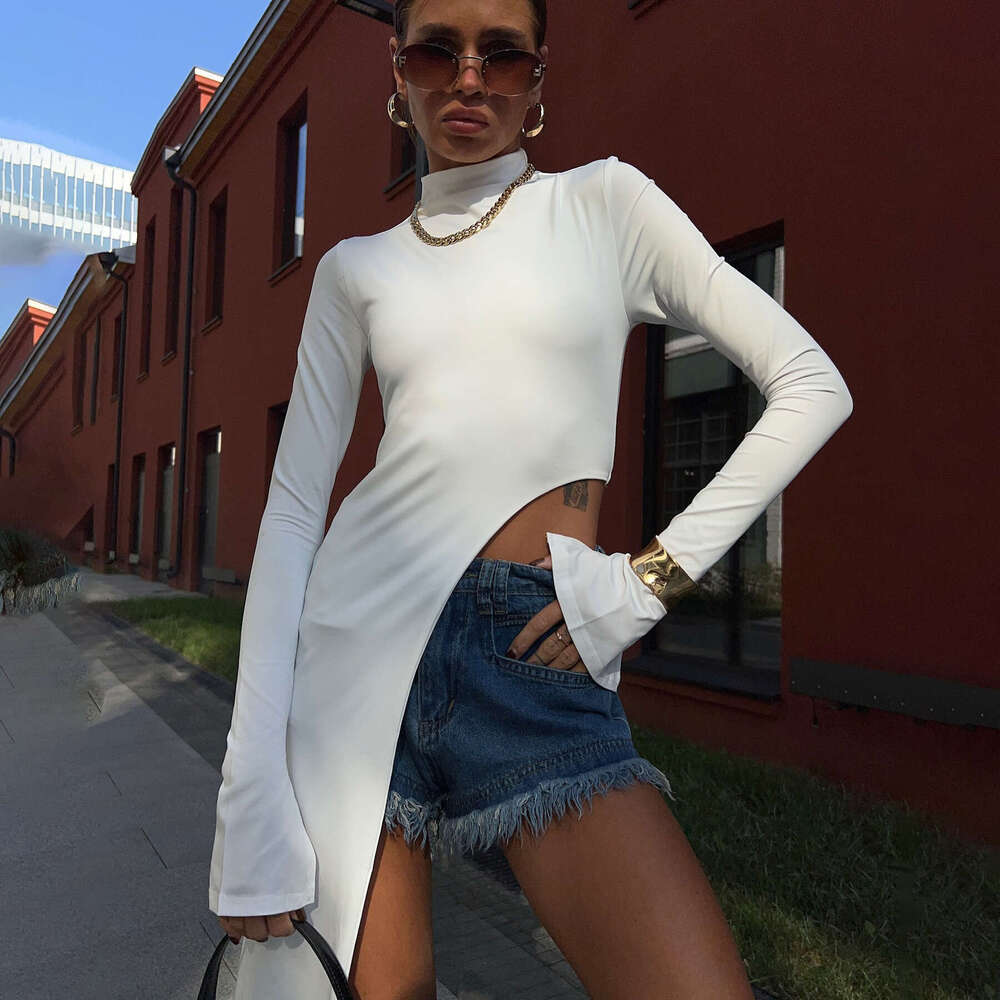 Half high neck slim fit irregular hem side trailing sweater with minimalist design for autumn and winter, showing off a slimming knit top
