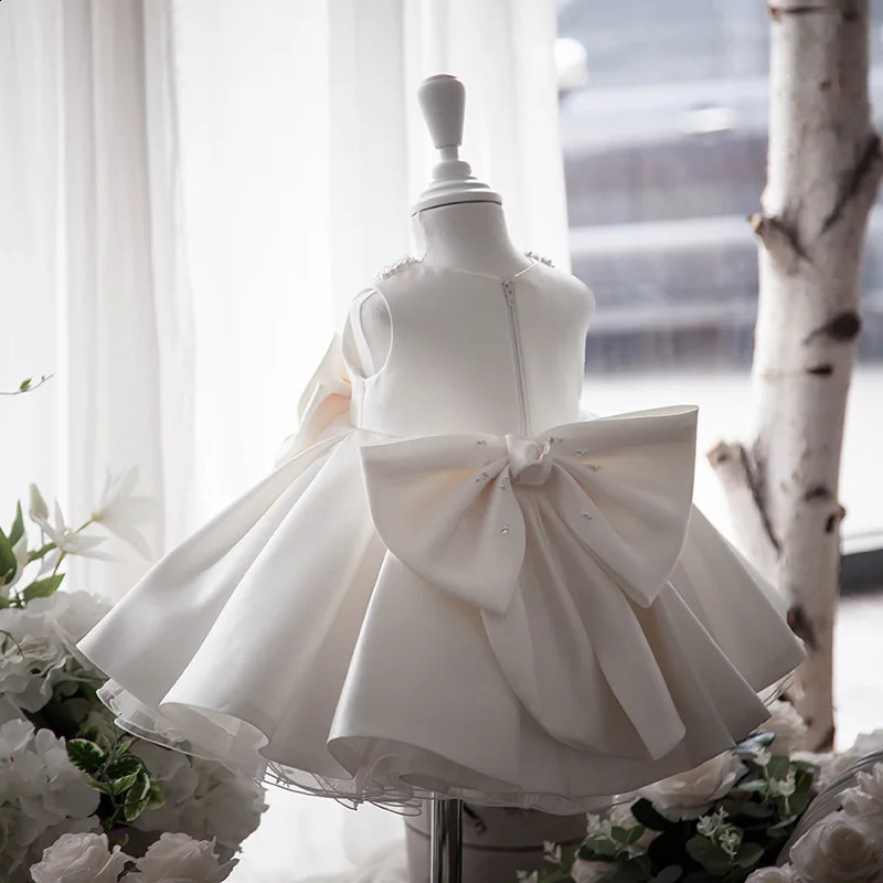 Preschool White Wedding Satin Princess Baby Dress Bow 1st Birthday Party born Girl Dress R250424
