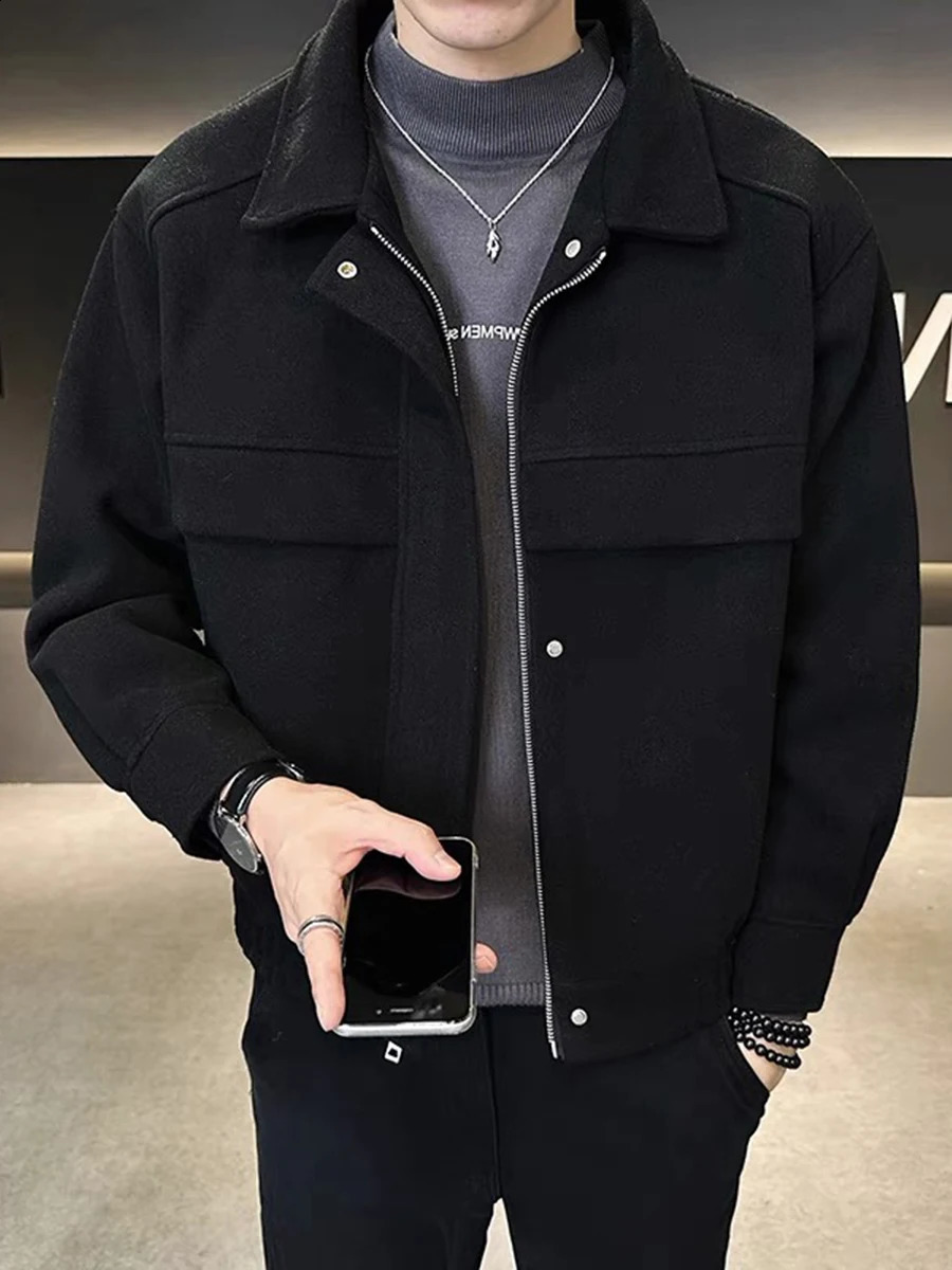 mens wool coat Korean short spring autumn solid color pattern tight zipper dress clothing E09 240904