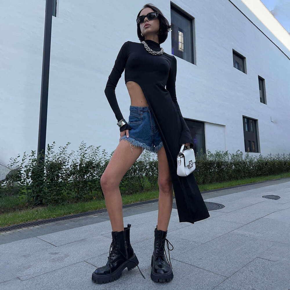 Half high neck slim fit irregular hem side trailing sweater with minimalist design for autumn and winter, showing off a slimming knit top