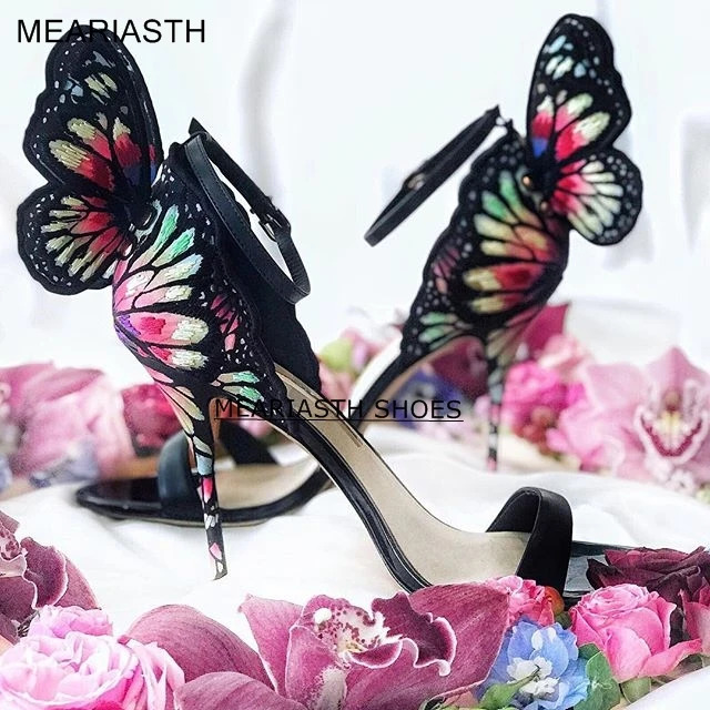 Butterfly Wing Women High Heel Woman Shoes Stiletto Pink Fur Decor Sandals Colorful Thin Heels Wedding Bride Shoe