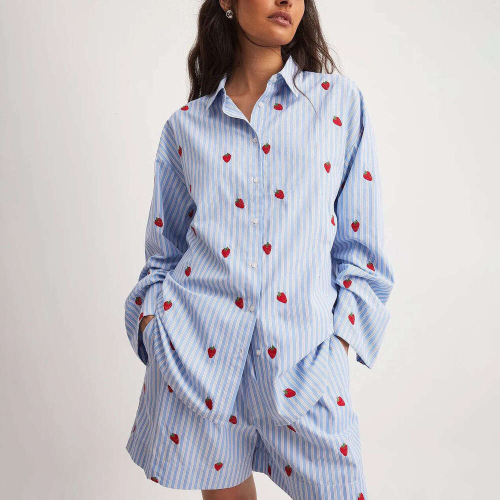 Collar blue and white striped contrasting shirt set for women with a high-end feel, strawberry embroidery loose casual suit